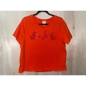 Y2K Trueself Women Orange Butterfly Sequin‎ Embroidered T-Shirt Large